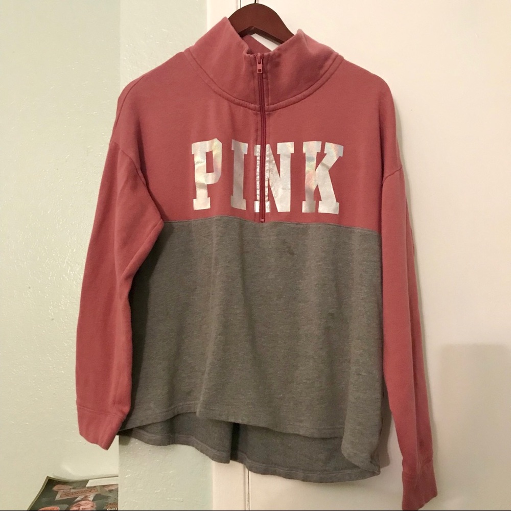 PINK // Comfy Pink Metallic Quarter-Zip Sweater